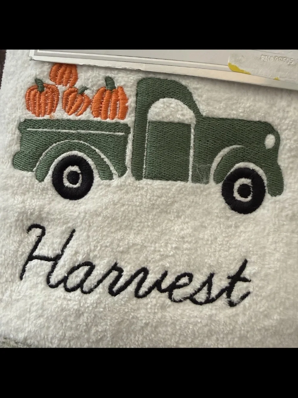 White 'Harvest' Embroidered 2 Hand Towels with Green Truck and Orange Pumpkins